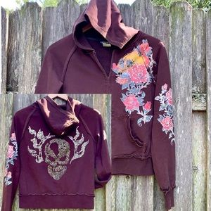 GRIFFLIN RARE Skull Crystal Hoodie Hooded Brown Zippered Sweatshirt